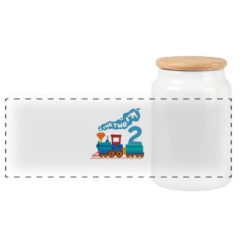 Two Year Old - Turning 2, 2nd Birthday Train Party - Panoramic Cookie Jar with Wooden Lid - white - Front