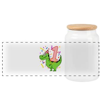 Dinosaur birthday 1 year old - Panoramic Cookie Jar with Wooden Lid - white - Front