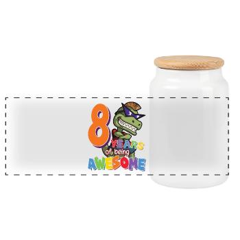 8th Birthday Gift For Boys, Dino Dinosaur, 8 Years - Panoramic Cookie Jar with Wooden Lid - white - Front