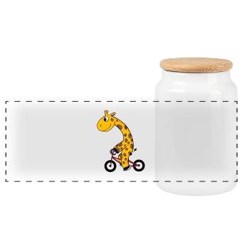 Giraffe on bike - Panoramic Cookie Jar with Wooden Lid - white - Front
