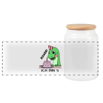 5. Geburtstag Dino Geburtstag Ich bin 5 - Panorama Keksdose mit Holzdeckel - Weiß - Vorne