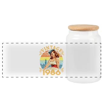 Vintage 1986 Retro Pin-Up Girl, 36th Birthday Gift - Panoramic Cookie Jar with Wooden Lid - white - Front