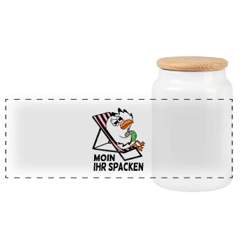 Möwe am Strand - Moin Ihr Spacken - Panorama Keksdose mit Holzdeckel - Weiß - Vorne
