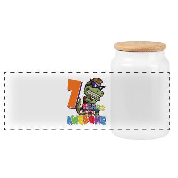 7 Years Of Being Awesome Birthday Kids T-Rex Lover - Panoramic Cookie Jar with Wooden Lid - white - Front