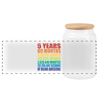 Funny 5th Birthday Gift, Age 5 Years Old - Panoramic Cookie Jar with Wooden Lid - white - Front