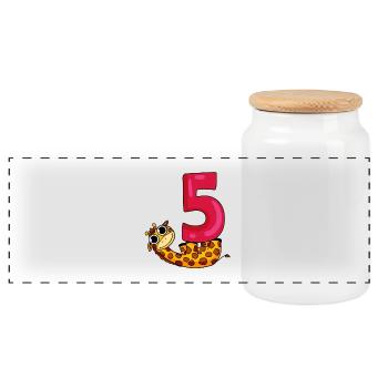 5 years old - 5th birthday - giraffe motif - Panoramic Cookie Jar with Wooden Lid - white - Front