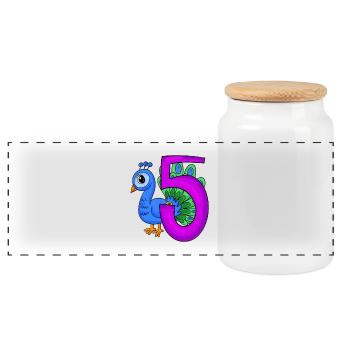 5 years old - 5th birthday - Peacock bird motif - Panoramic Cookie Jar with Wooden Lid - white - Front