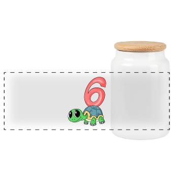 6 ans - 6ème anniversaire - motif tortue - Boîte à biscuits avec couvercle en bois - blanc - Devant