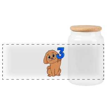 3 ans - 3 anniversaires - motif caniche - Boîte à biscuits avec couvercle en bois - blanc - Devant