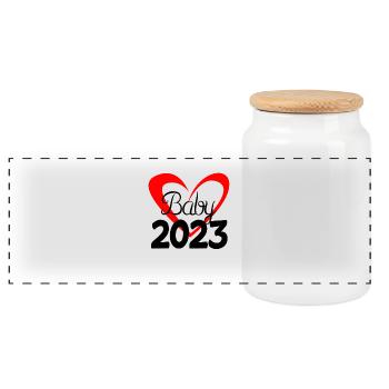 Baby 2023 - Neugeborenes 2023 Baby Geschenk - Panorama Keksdose mit Holzdeckel - Weiß - Vorne