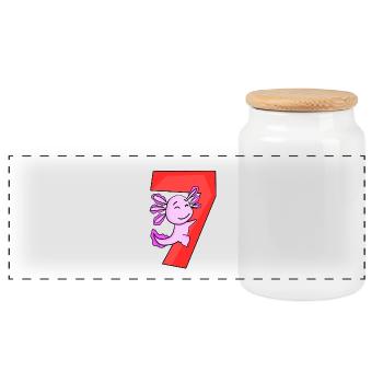 7 years old - 7th birthday - Axolotl motif - Panoramic Cookie Jar with Wooden Lid - white - Front