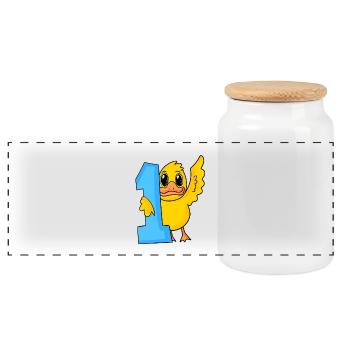 1 year old - School enrolment - Duck motif - Panoramic Cookie Jar with Wooden Lid - white - Front