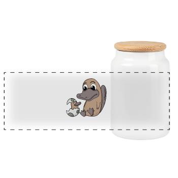 Platypus Mama with Baby Platypus - Panoramic Cookie Jar with Wooden Lid - white - Front