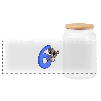 6 ans - 6ème anniversaire - motif lémuriens gobelins - Boîte à biscuits avec couvercle en bois - blanc - Devant