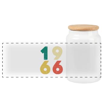 1966 - Vintage 1966 Retro Vintage - Panoramic Cookie Jar with Wooden Lid - white - Front