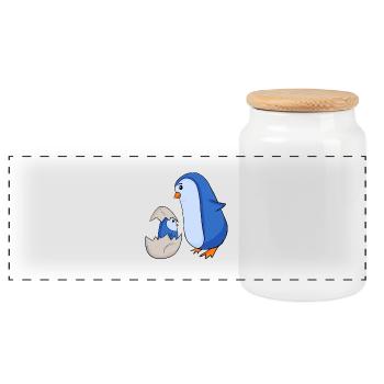 Penguin with Baby Penguin - Panoramic Cookie Jar with Wooden Lid - white - Front