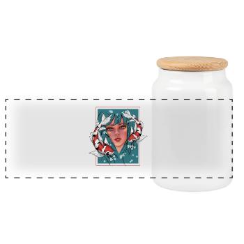 Girls with Koi - Panoramic Cookie Jar with Wooden Lid - white - Front