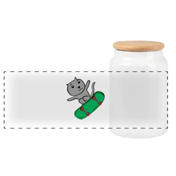 Katze Russisch Blau als Skater mit Skateboard - Panorama Keksdose mit Holzdeckel - Weiß - Vorne