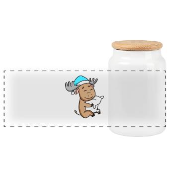 sweet moose with pillow and sleeping cap - Panoramic Cookie Jar with Wooden Lid - white - Front
