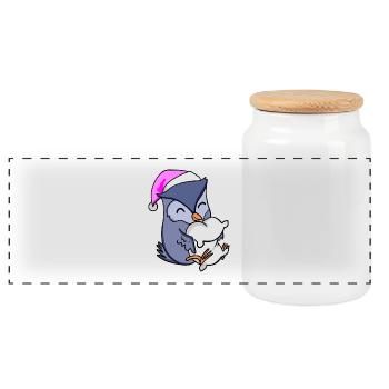 Owl with pillow and sleeping cap - Panoramic Cookie Jar with Wooden Lid - white - Front