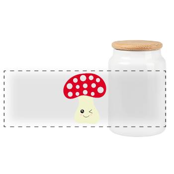 Kawaii Mushroom Toadstool cute red with face - Panoramic Cookie Jar with Wooden Lid - white - Front