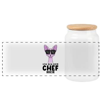 Katze Sphynx Cool Chef - Panorama Keksdose mit Holzdeckel - Weiß - Vorne