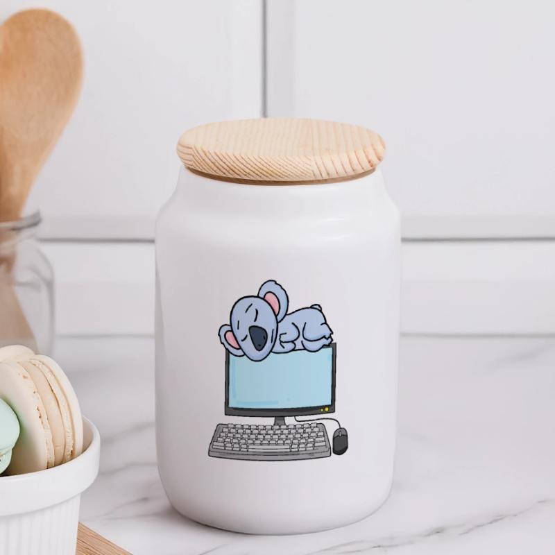 Koala Computer Nerd Programmer Gift Panoramic Cookie Jar with Wooden Lid