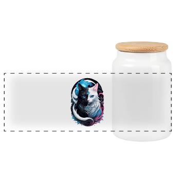 Yin und Yang Fantasiekatze - Panorama Keksdose mit Holzdeckel - Weiß - Vorne