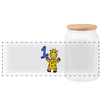 1 Year Old - School Enrollment - Giraffe Motif - Number 1 - Panoramic Cookie Jar with Wooden Lid - white - Front