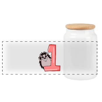 1 year old - school enrollment - hedgehog motif - number 1 - Panoramic Cookie Jar with Wooden Lid - white - Front
