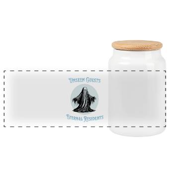 Unseen guests eternal residents - Panoramic Cookie Jar with Wooden Lid - white - Front