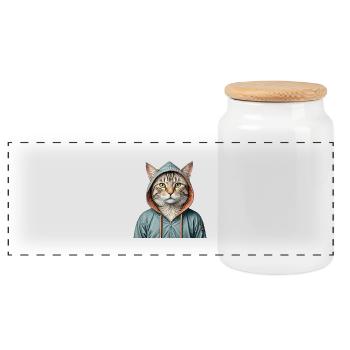 Katze trägt eine Jacke - Panorama Keksdose mit Holzdeckel - Weiß - Vorne
