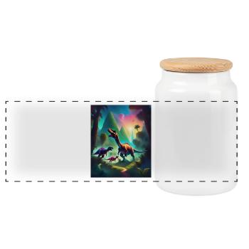 Colorful graphic dinosaurs t-shirt design - Panoramic Cookie Jar with Wooden Lid - white - Front