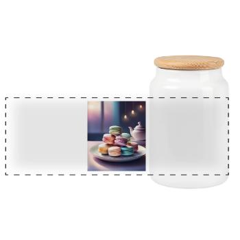 A pile of french macarons - Panoramic Cookie Jar with Wooden Lid - white - Front