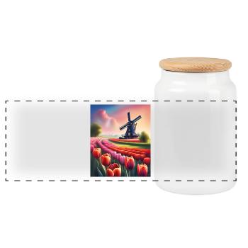 A beautiful tulip field in Holland - Panoramic Cookie Jar with Wooden Lid - white - Front