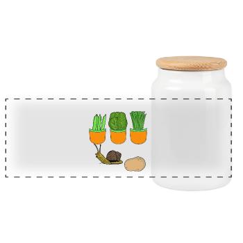 Snail Garden Gardener Vegetables Beans Spinach Leeks - Panoramic Cookie Jar with Wooden Lid - white - Front