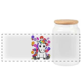 Retro Unicorn Flowers Summer Child Kids Horse - Panoramic Cookie Jar with Wooden Lid - white - Front