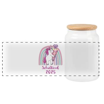 Schoolchild 2025 Unicorn with Sugar Cone Rainbow - Panoramic Cookie Jar with Wooden Lid - white - Front