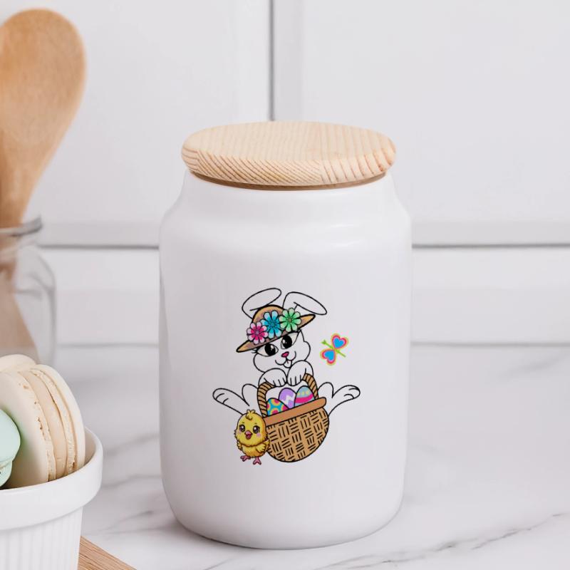 Retro Easter Easter Bunny Easter Eggs Chick Kids Panoramic Cookie Jar with Wooden Lid