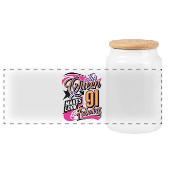 91st Birthday Queen Women - Panoramic Cookie Jar with Wooden Lid - white - Front