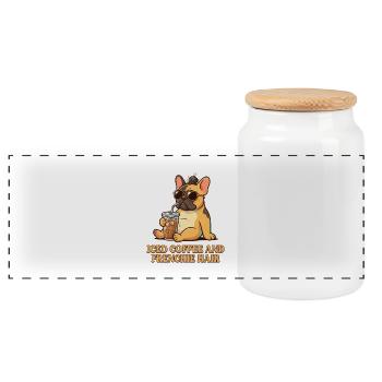 Eiskaffee und Frenchie-Frisur - Panorama Keksdose mit Holzdeckel - Weiß - Vorne
