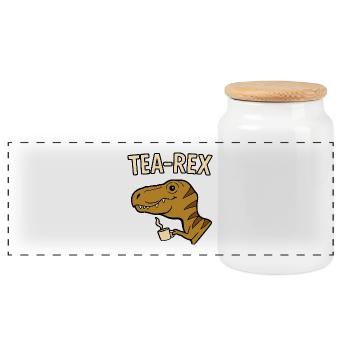 Tea Rex Dinosaurier mit Tasse - Panorama Keksdose mit Holzdeckel - Weiß - Vorne