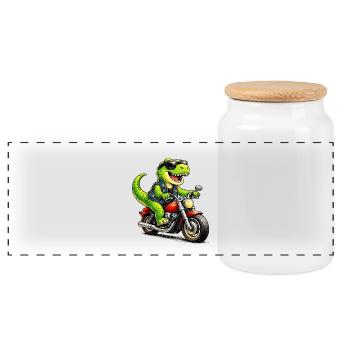 Biker-Dinosaurier  - Panorama Keksdose mit Holzdeckel - Weiß - Vorne