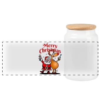 Merry Christmas - Santa Claus and his reindeer - Panoramic Cookie Jar with Wooden Lid - white - Front