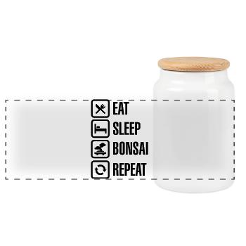 Eat Sleep Bosai Repeat Japanese small tree pruning - Panoramic Cookie Jar with Wooden Lid - white - Front