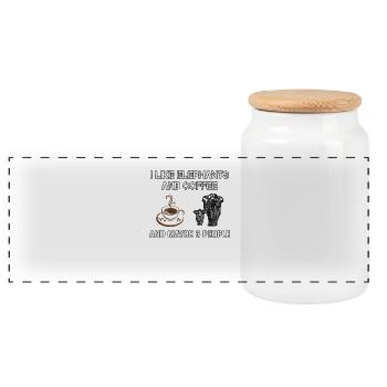 Elephants Coffee and 3 People - Panoramic Cookie Jar with Wooden Lid - white - Front