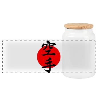 Karate in japanischer Kanji-Schrift mit roter Sonne - Panorama Keksdose mit Holzdeckel - Weiß - Vorne