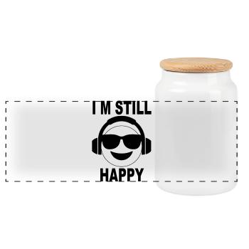 I’m Still Happy – Smiley Headphones Design - Panorama Keksdose mit Holzdeckel - Weiß - Vorne