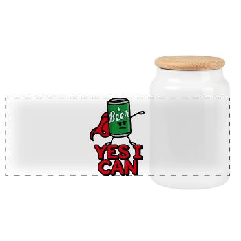 lustige Bier Superheld Cartoon Bierdose Yes I can - Panorama Keksdose mit Holzdeckel - Weiß - Vorne