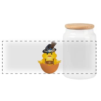 Chick with traditional hat and lederhosen in eggshell - Panoramic Cookie Jar with Wooden Lid - white - Front